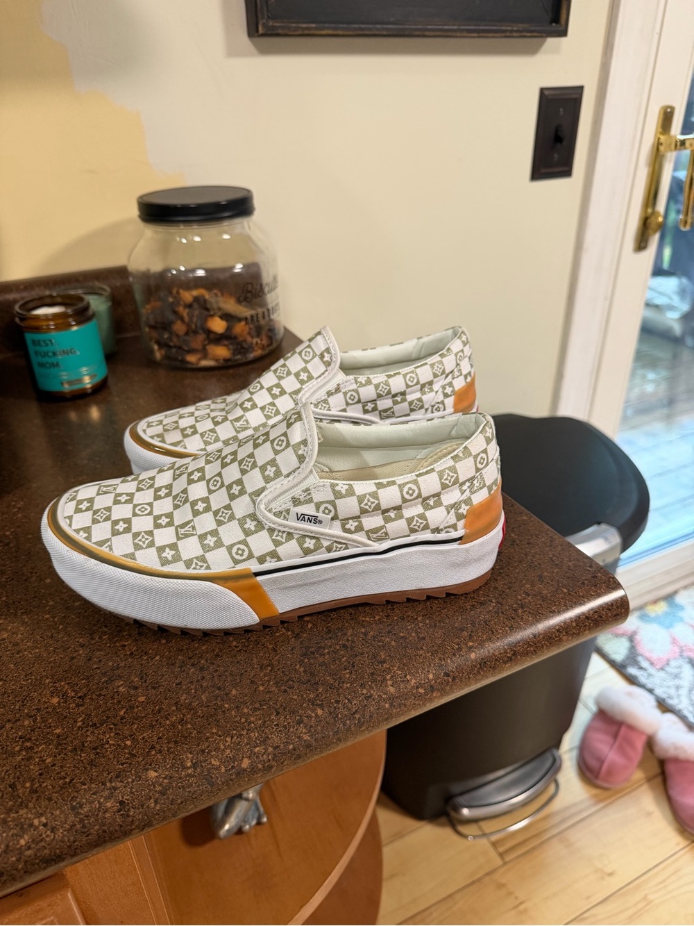 Vans Women’s Slip-On Checkerboard Sneakers in Olive and White with Tan Accents